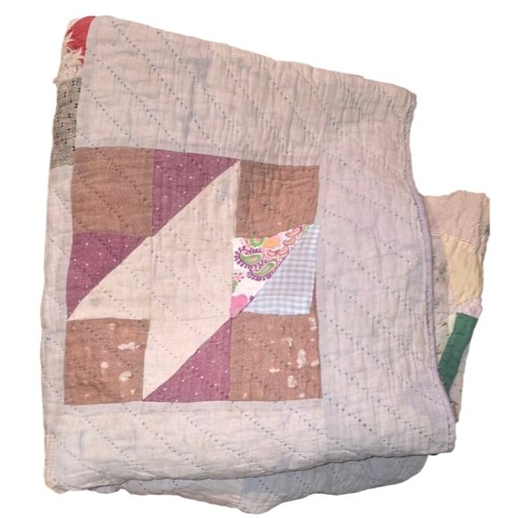 Antique Quilt Handmade Patchwork 70"x66" Multicolor Geometric Design Cotton READ - Picture 5 of 16